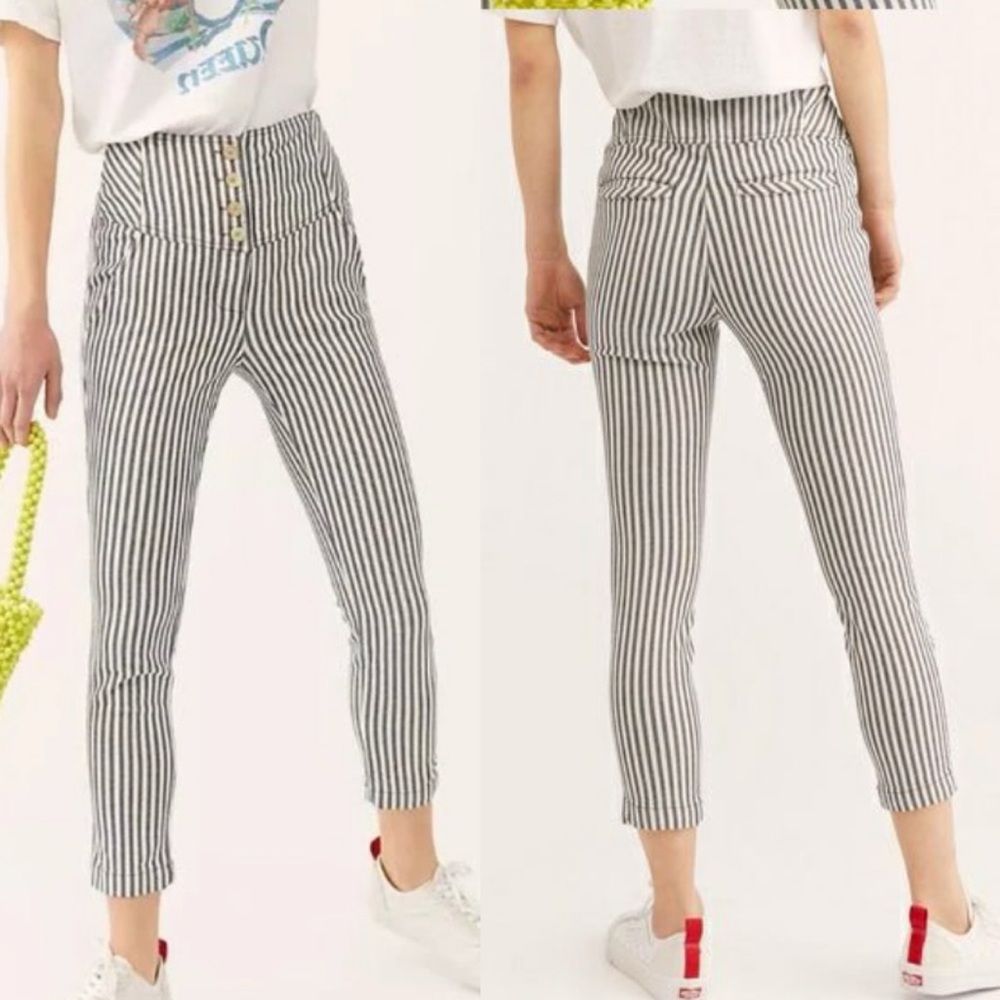 Free People Frankie High Waist Blue Stripe High Rise Skinny Pants Cropped- 12